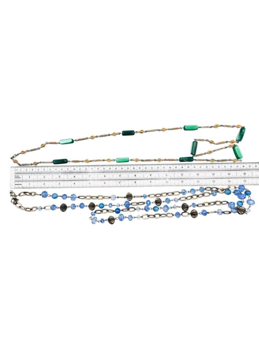 Vintage Station Bead Necklaces Green Blue Glass Beads Gold Tone 36" 48" 1960s - Picture 6 of 6